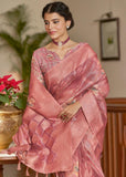 Beautiful Rose Pink Woven Banarasi Tissue Organza Silk Saree With Digital Print