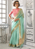 Pastel Green Chiffon Silk Saree With Contrast Blouse