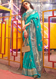 Teal Green Banarasi Woven Soft Silk Saree