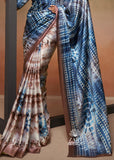 Blue And Brown Printed Satin Silk Saree
