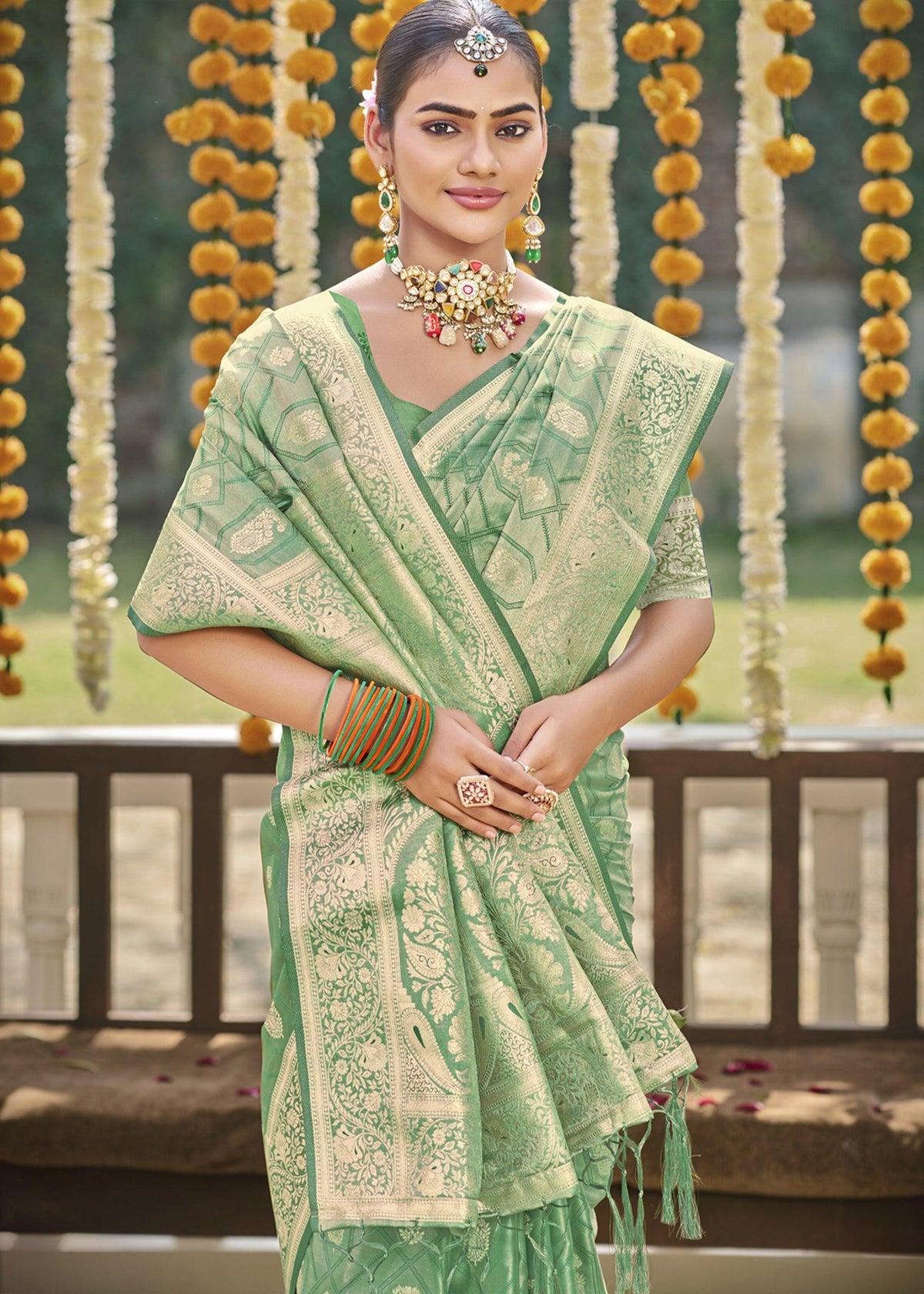 Pastel Green Woven Banarasi Satin Silk Saree