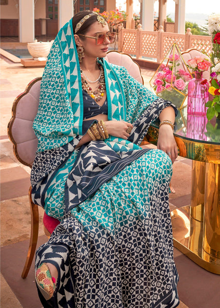 Angel Blue Printed Bandhini Patola Silk Saree
