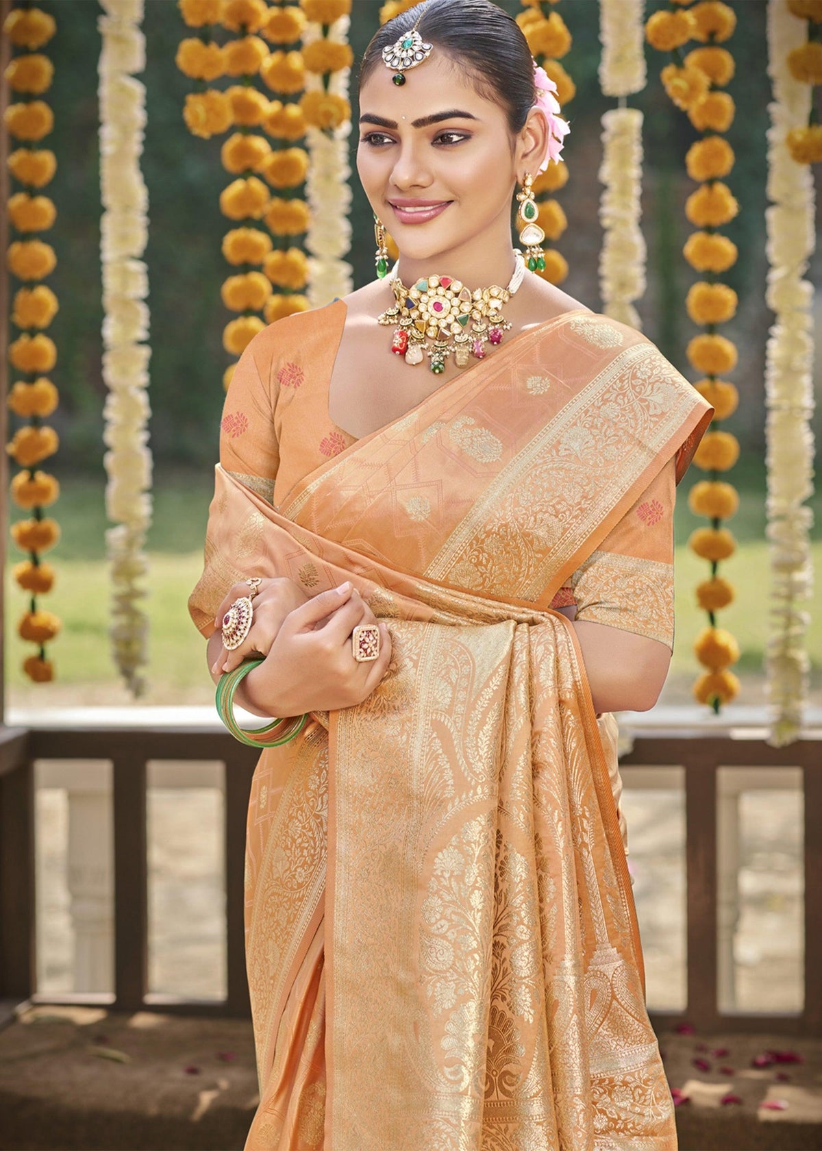 Pale Peach Woven Banarasi Satin Silk Saree