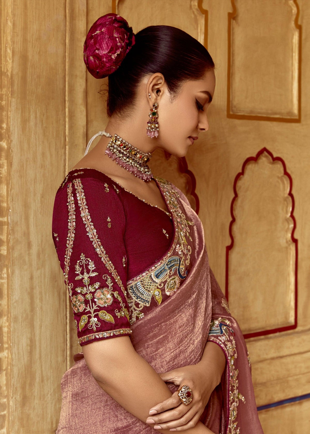 Mauve Brown Heavy Embroidered Designer Silk Saree