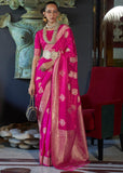 Beautiful Rani Pink Banarasi Woven Satin Silk Saree