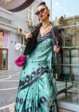 Aqua Blue Printed Satin Silk Saree