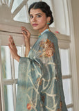 Antique Blue Woven Banarasi Tissue Organza Silk Saree With Digital Print