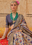 Beige And Blue Printed Patola Silk Saree