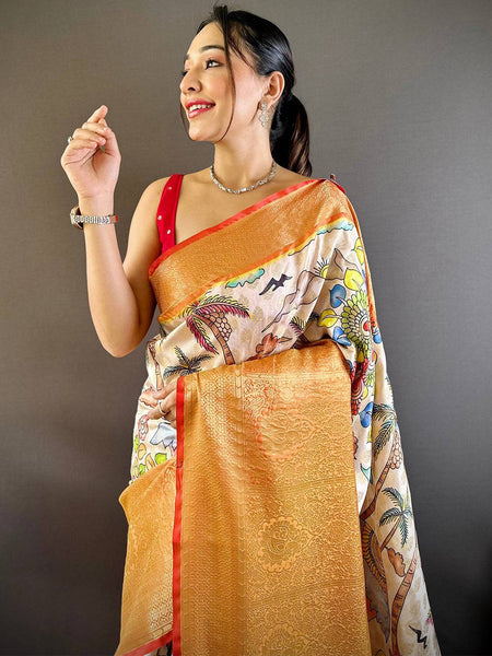 Cream Kanchi Kalamkari Elegance Saree  women's fashion mart