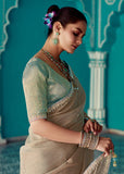 Crystal Grey Designer Embroidered Silk Saree With Contrast Blouse