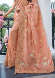 Coral Peach Heavy Embroidered Designer Silk Saree