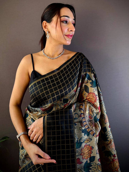 Black Soft Silk Kalamkari Printed Saree  women's fashion mart