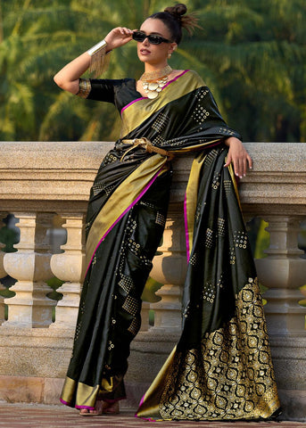 Black Woven Banarasi Soft Silk Saree