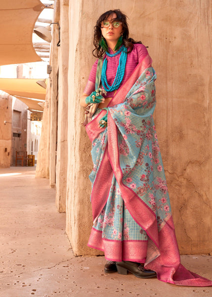 Aqua Blue Georgette Silk Saree With Floral Print