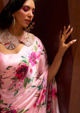 Soft Pink Floral Printed Satin Silk Saree