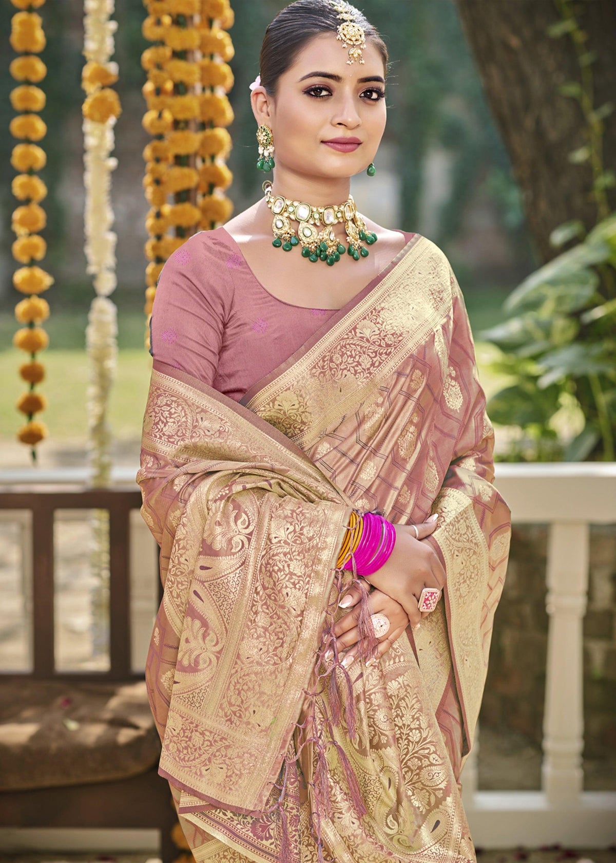 Mauve Pink Woven Banarasi Satin Silk Saree