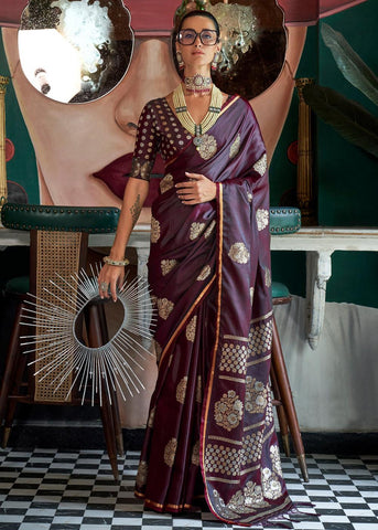 Wine Purple Woven Banarasi Satin Silk Saree
