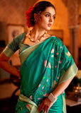 Teal Green Woven Silk Saree With Kalamkari Fine Print