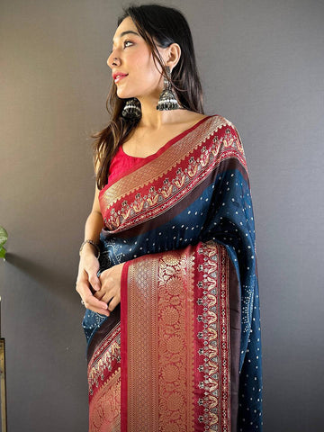 Blue Graceful Bandhej Silk Saree  women's fashion mart