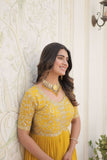 Yellow colour embroidery sequence work gown -Designer Suit M / Yellow women's fashion mart