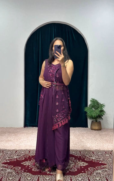 Wine Colour Indo Western Style Kurti With Palazzo -Designer Suit Purple women's fashion mart
