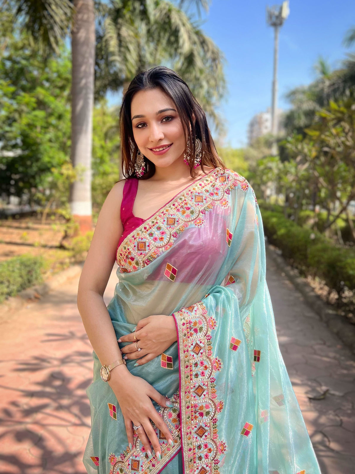 Multi thread embroidery work saree -Net Saree Blue women's fashion mart