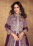 Extraordinary Embroidered Silk Anarkali Gown in Dark Purple - women's fashion mart