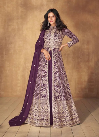 Extraordinary Embroidered Silk Anarkali Gown in Dark Purple - women's fashion mart