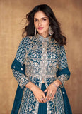 Beautifully Embroidered Silk Anarkali Gown in Dark Blue - women's fashion mart