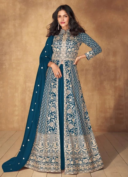 Beautifully Embroidered Silk Anarkali Gown in Dark Blue - women's fashion mart