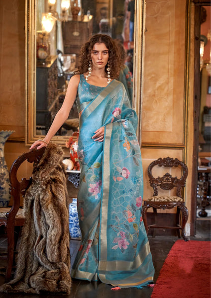 Heartwarming Soft Weaved Digital Printed Dusty Blue Saree - women's fashion mart