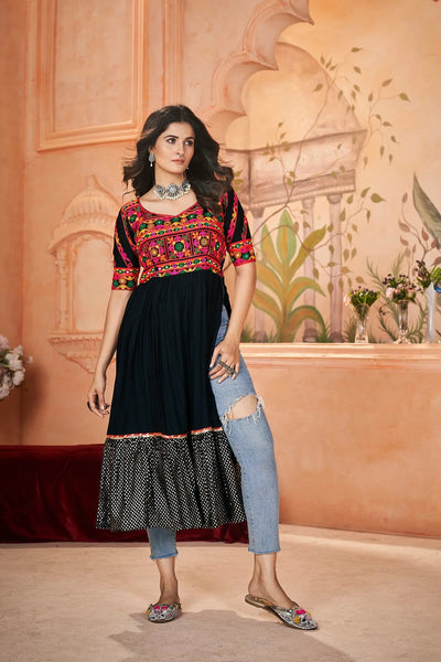 Navratri Wear Black Rayon Printed Embroidered Kurti - women's fashion mart