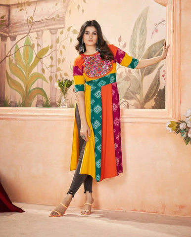 Navratri Wear Multi Colored Rayon Printed Embroidered Kurti - women's fashion mart
