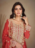 Classic Embroidered Rust Red Pure Chinon Palazzo Suit - women's fashion mart