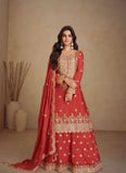Classic Embroidered Rust Red Pure Chinon Palazzo Suit - women's fashion mart
