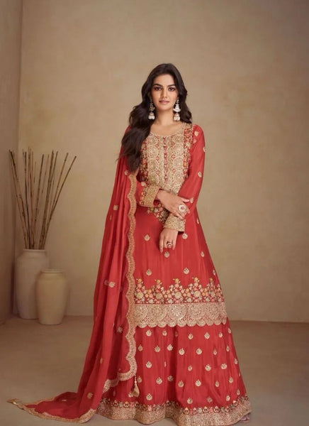 Classic Embroidered Rust Red Pure Chinon Palazzo Suit - women's fashion mart