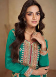 Beautifully Embroidered Teal Green Pure Chinon Palazzo Suit - women's fashion mart