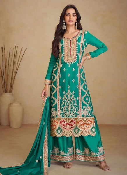 Beautifully Embroidered Teal Green Pure Chinon Palazzo Suit - women's fashion mart