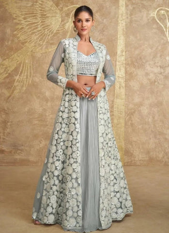 Fiery Grey Georgette Embroidered Jacket Lehenga With Crop Top - women's fashion mart