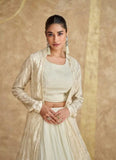 Classic Cream Georgette Embroidered Jacket Lehenga With Crop Top - women's fashion mart