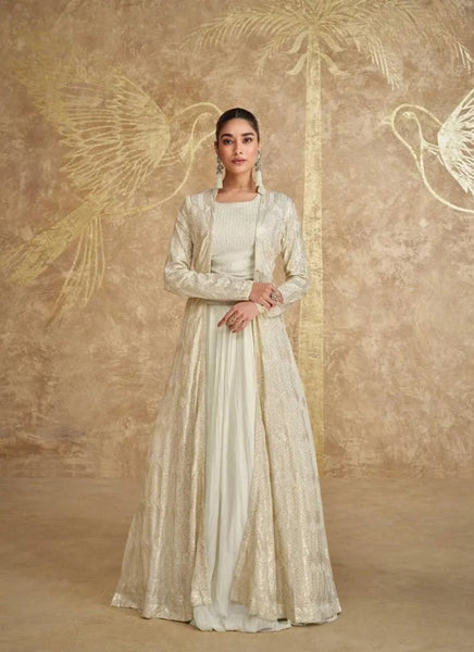 Classic Cream Georgette Embroidered Jacket Lehenga With Crop Top - women's fashion mart