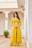 Yellow Embroidered Georgette Crop Top And Palazzo Set - women's fashion mart