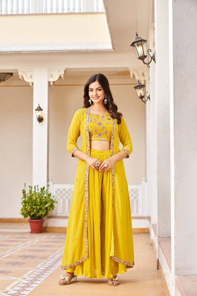 Yellow Embroidered Georgette Crop Top And Palazzo Set - women's fashion mart
