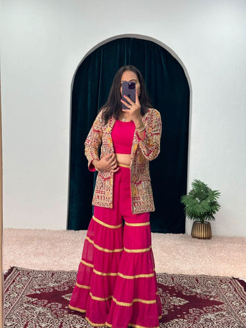 sequence embroidery work koti with palazzo full stitched suit -Designer Suit Red women's fashion mart