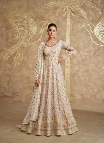 Comforting Cream Georgette Embroidered Anarkali Suit - women's fashion mart