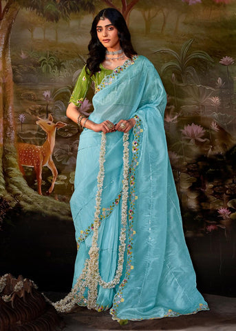 Angel Blue Embroidered Designer Silk Saree