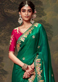 Pre Order: Forest Green Heavy Embroidered Designer Silk Saree
