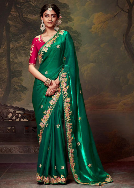 Pre Order: Forest Green Heavy Embroidered Designer Silk Saree