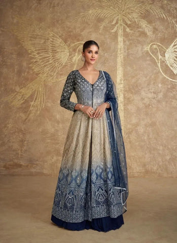 Dreamlike Blue Georgette Embroidered Ombre Style Anarkali Suit - women's fashion mart