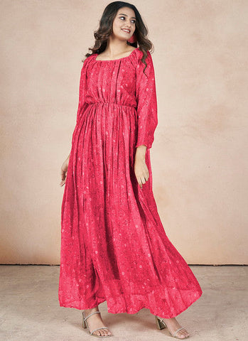 Dazzling Pink Chiffon Printed Party Wear Dress - women's fashion mart
